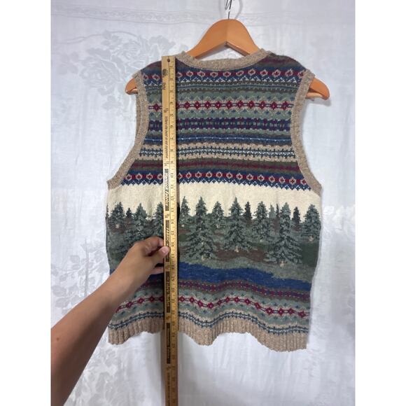 VTG Sweater Vest Large Wool Silk Striped Neutral Christmas Trees Robert Scott - Picture 6 of 7